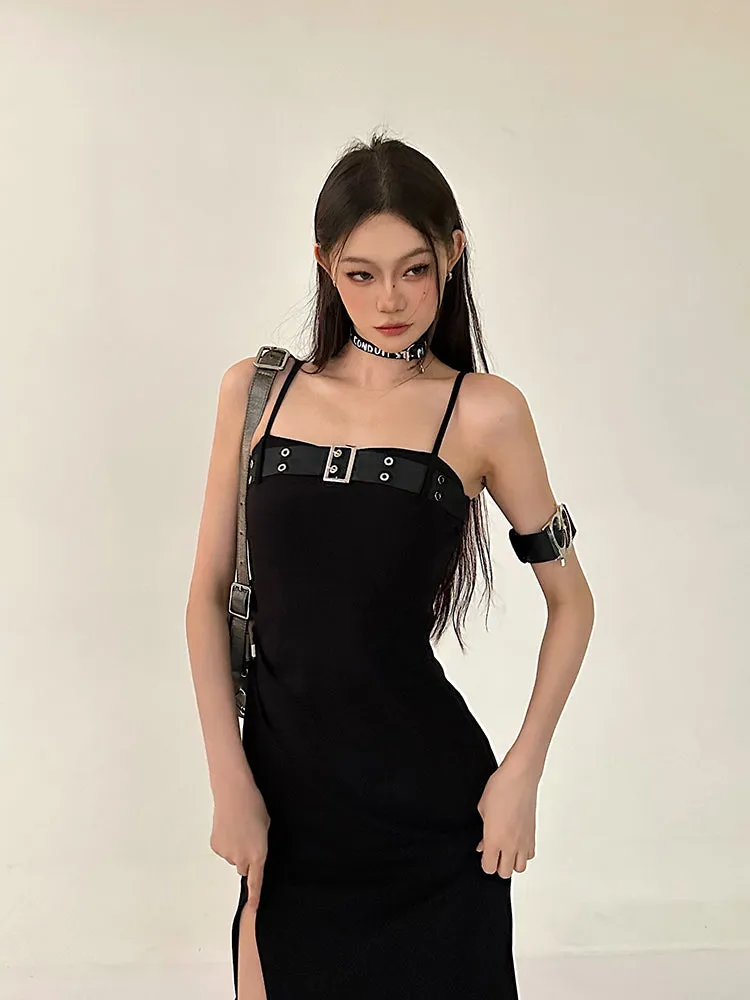 Azelia Solid Color Black Chest Belt Strap Spaghetti Straps Square Neck Bandeau Side Slit Long Summer Dress