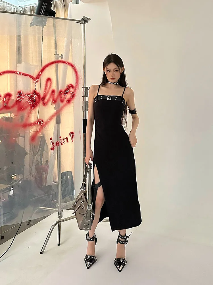 Azelia Solid Color Black Chest Belt Strap Spaghetti Straps Square Neck Bandeau Side Slit Long Summer Dress