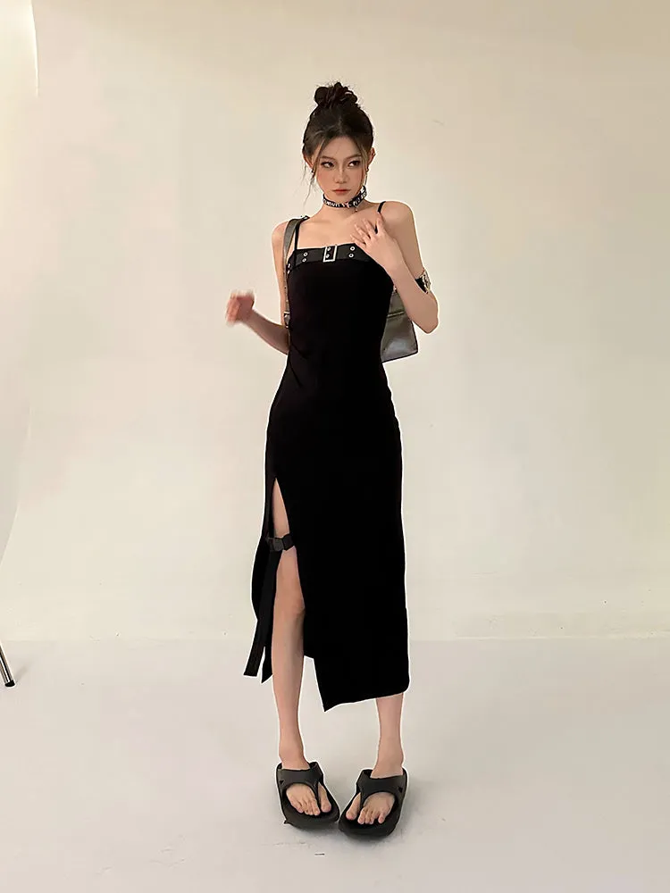 Azelia Solid Color Black Chest Belt Strap Spaghetti Straps Square Neck Bandeau Side Slit Long Summer Dress