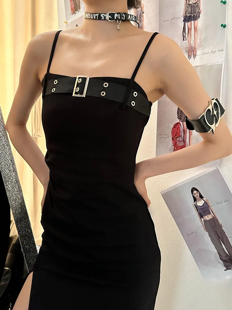 Azelia Solid Color Black Chest Belt Strap Spaghetti Straps Square Neck Bandeau Side Slit Long Summer Dress