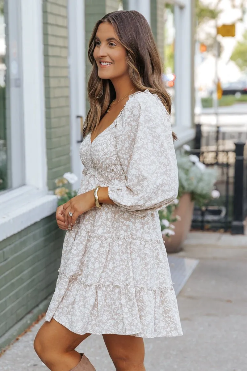 Beige Floral Babydoll Tiered Mini Dress