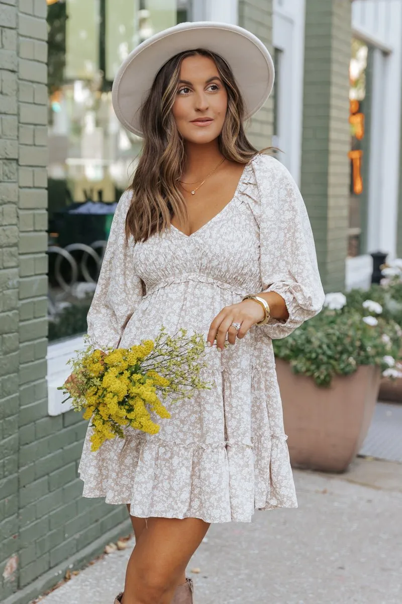 Beige Floral Babydoll Tiered Mini Dress