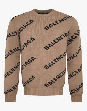 Beige Logo Jacquard Crew Neck Sweater -