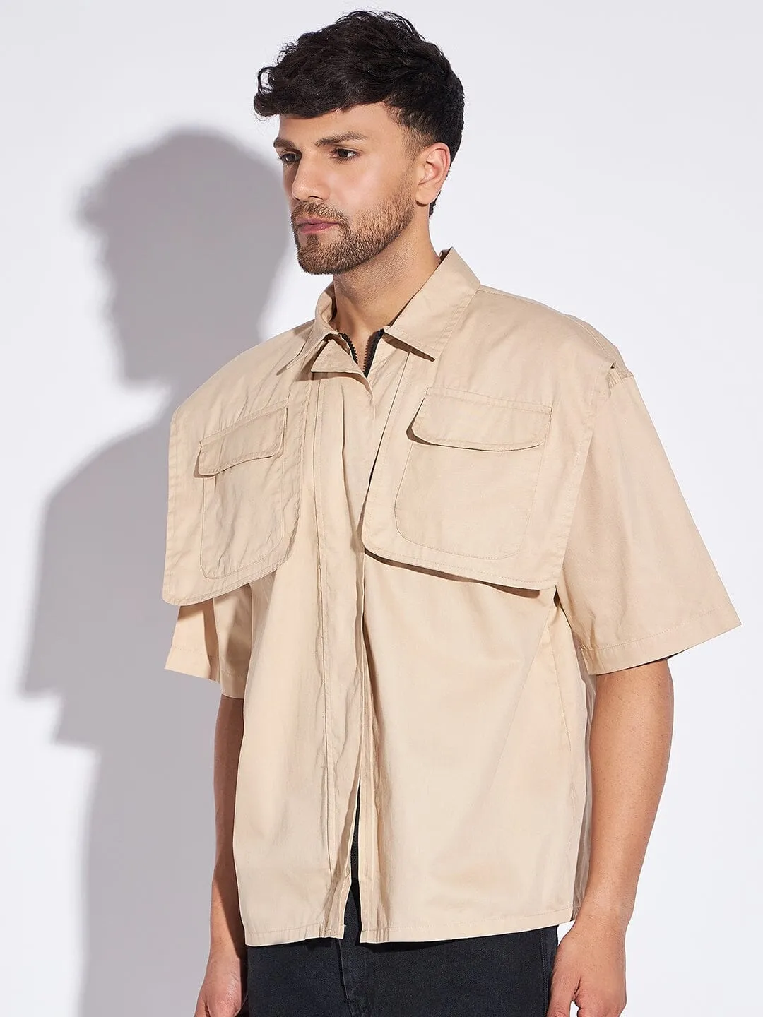 Beige Oversized Flapped Shirt