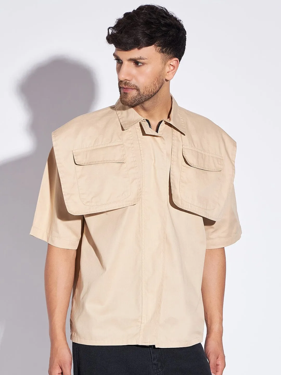 Beige Oversized Flapped Shirt