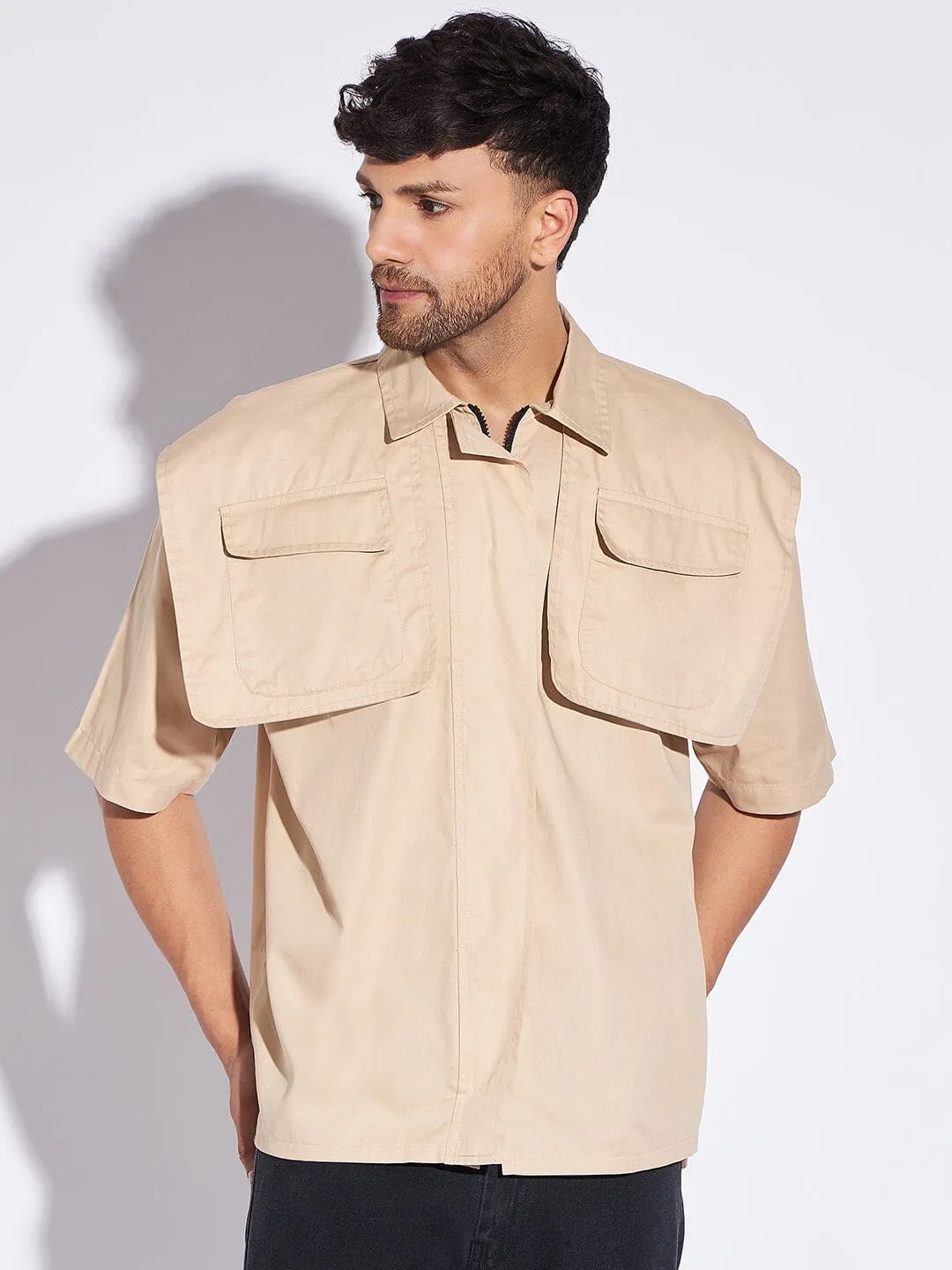 Beige Oversized Flapped Shirt