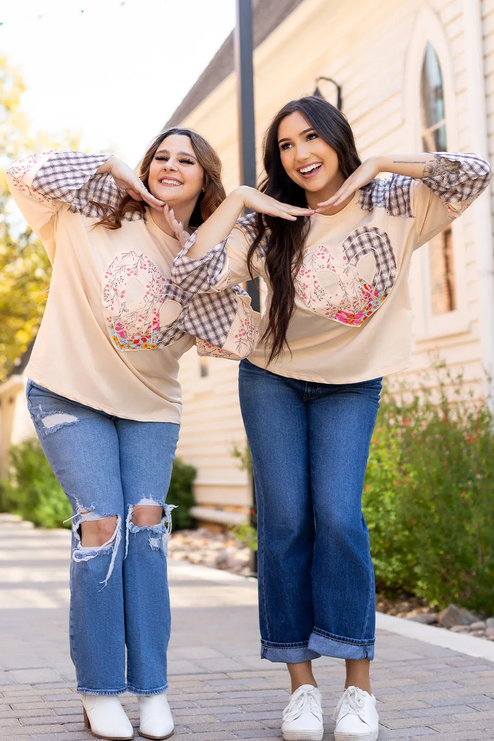 Beige Plaid Floral Peace Heart Graphic Wide Long Sleeve Top