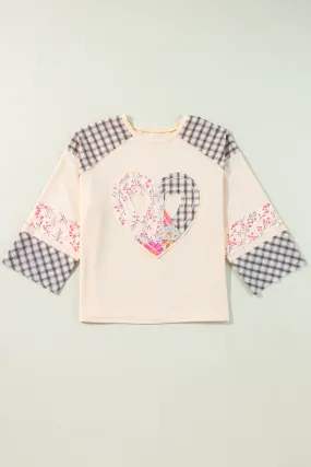 Beige Plaid Floral Peace Heart Graphic Wide Long Sleeve Top