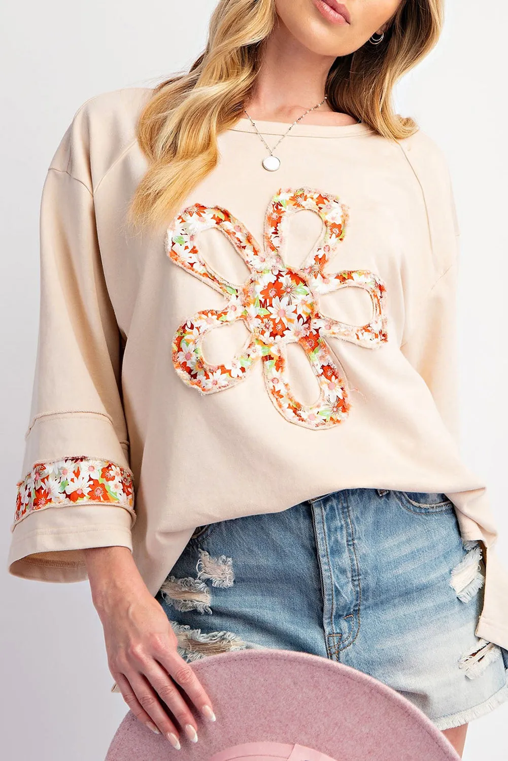 Beige Plus Size Flower Patched Side Slits Crewneck Top