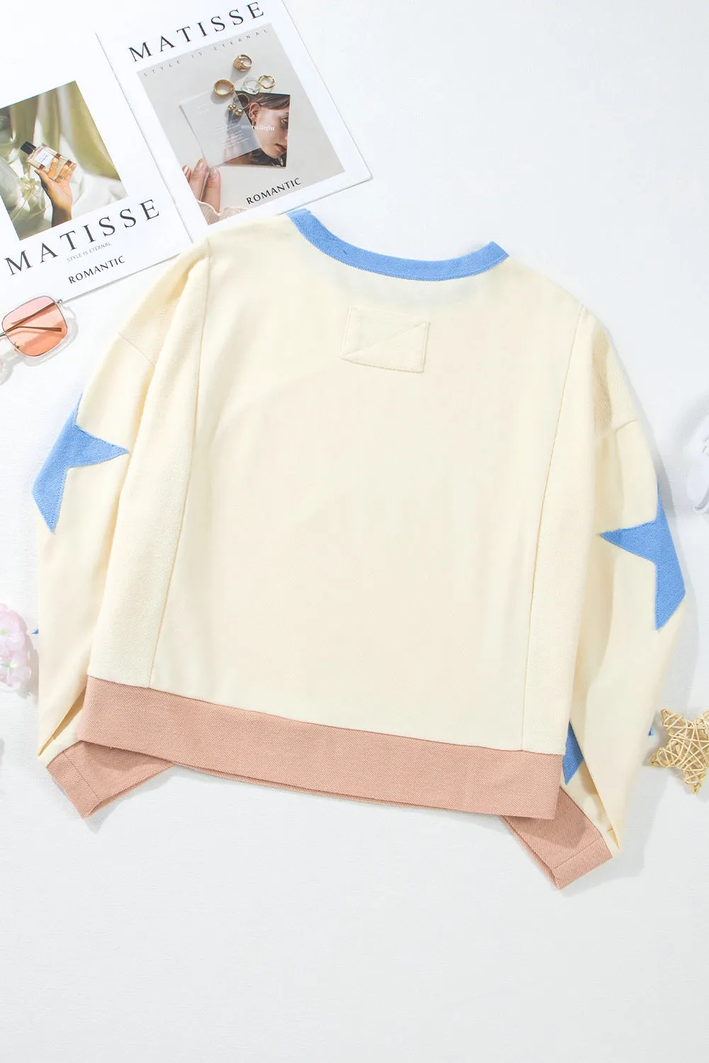 Beige Star Patchwork Exposed Seam Oversized Sweatshirt