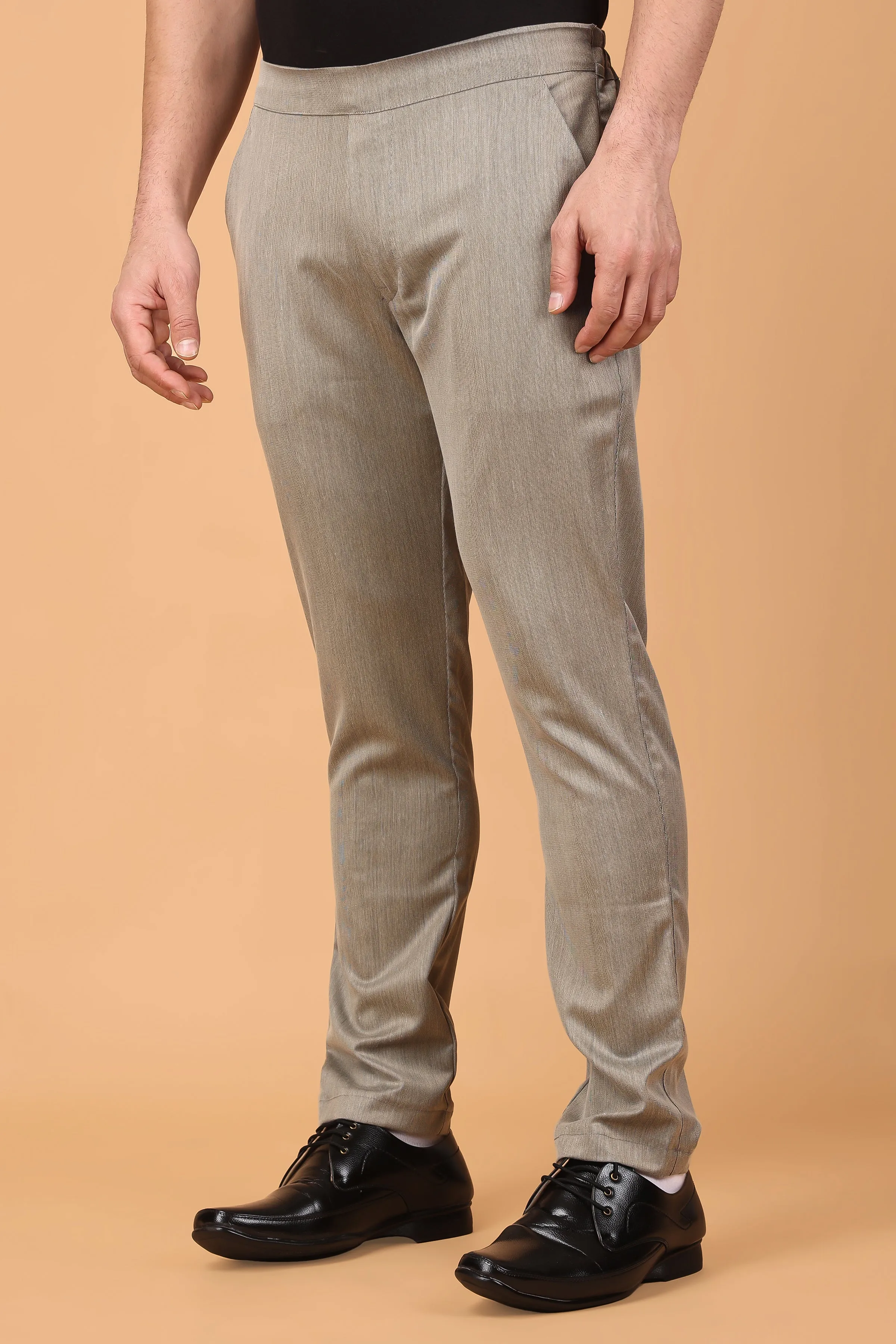 Beige Textured Comfort Fit Trousers