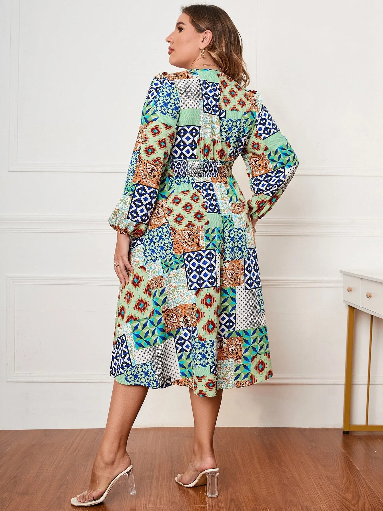 BerriesJam - 2024 Patchwork Long Sleeve Plus Size V Neck Party Dress