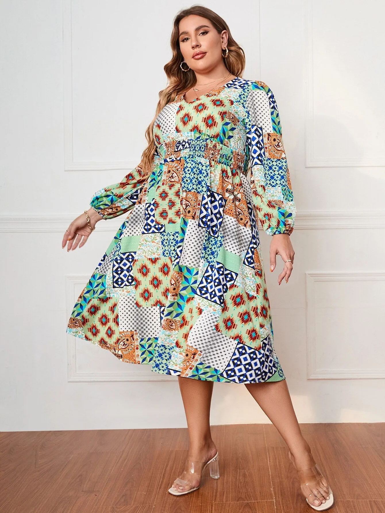 BerriesJam - 2024 Patchwork Long Sleeve Plus Size V Neck Party Dress