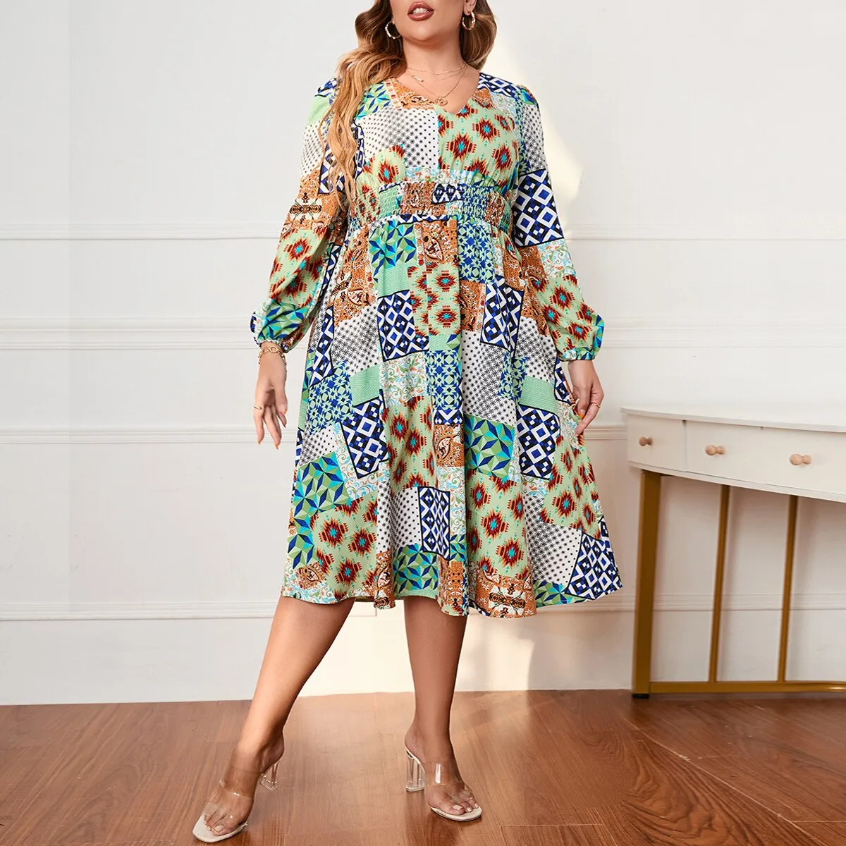 BerriesJam - 2024 Patchwork Long Sleeve Plus Size V Neck Party Dress