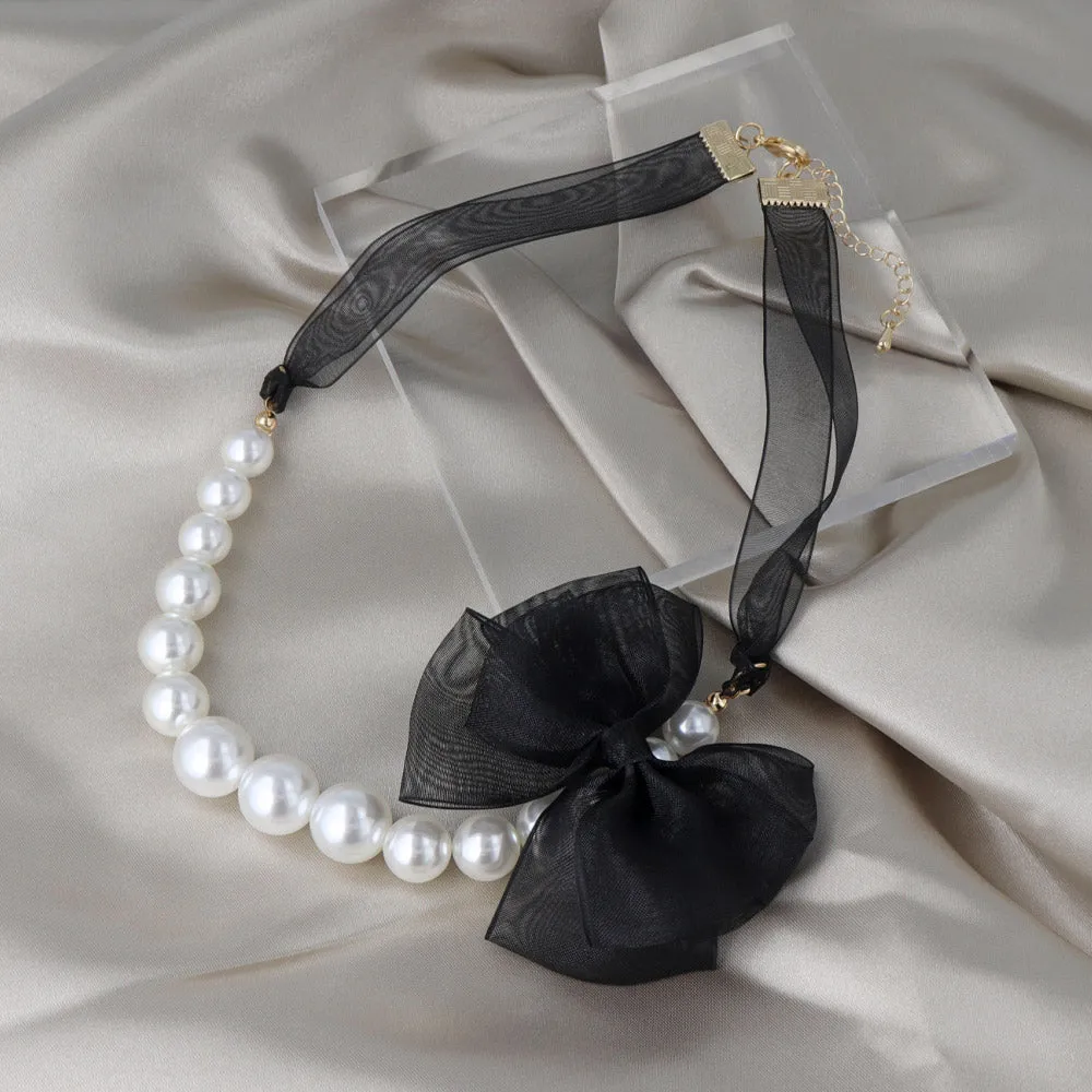 Big Side Bow Pearl Chain Necklace