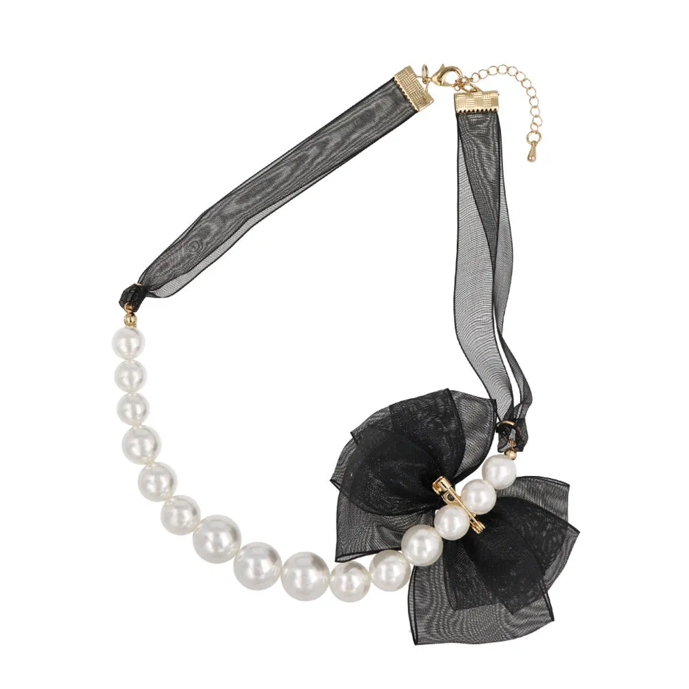 Big Side Bow Pearl Chain Necklace