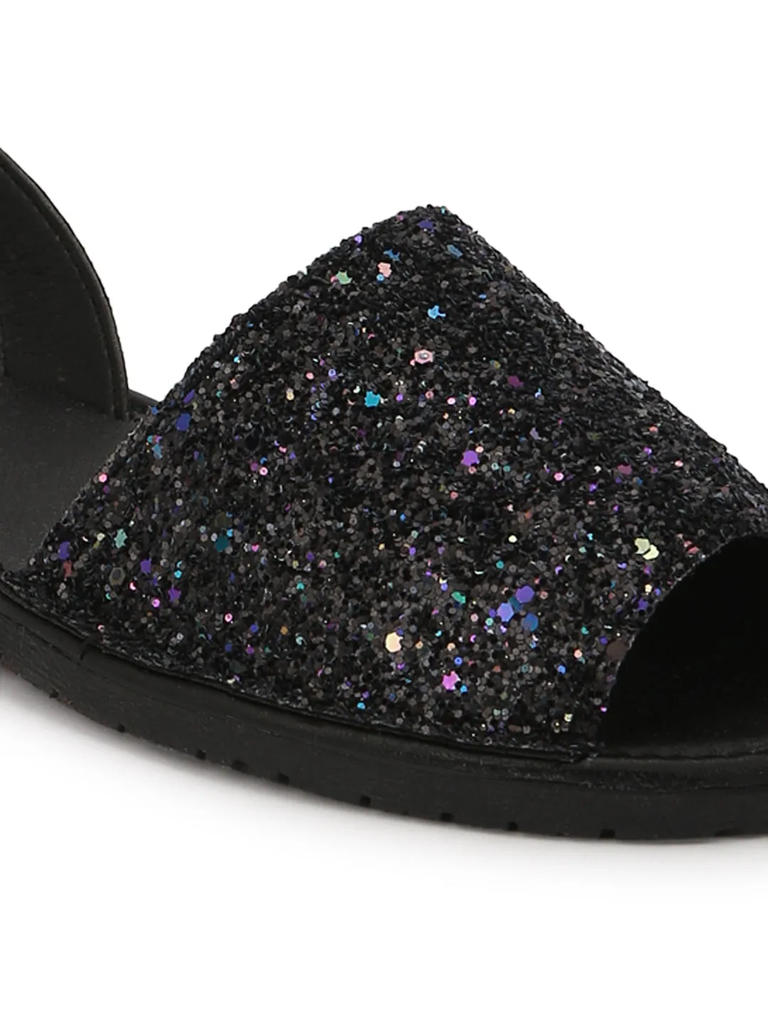 Black Glitter Back Sling Open Toe Slip-On Sandals