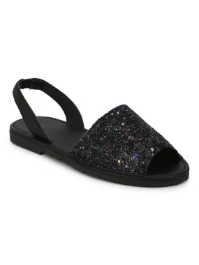 Black Glitter Back Sling Open Toe Slip-On Sandals