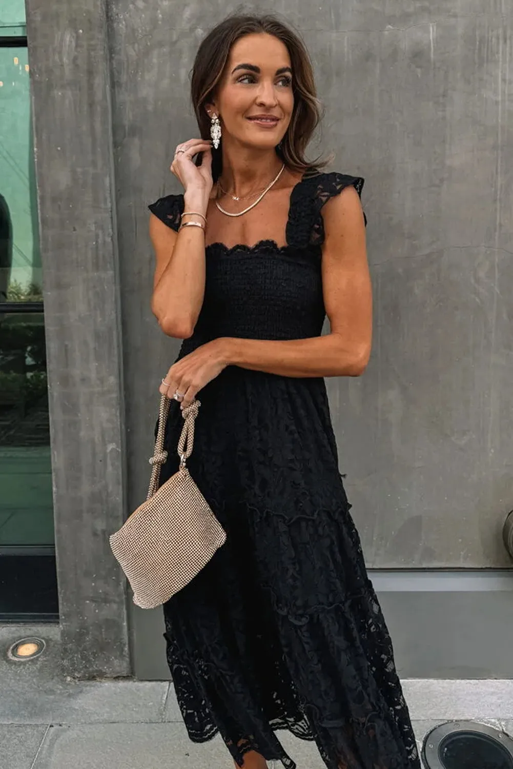 Black Lace Smocked Bodice Sleeveless Midi Dress