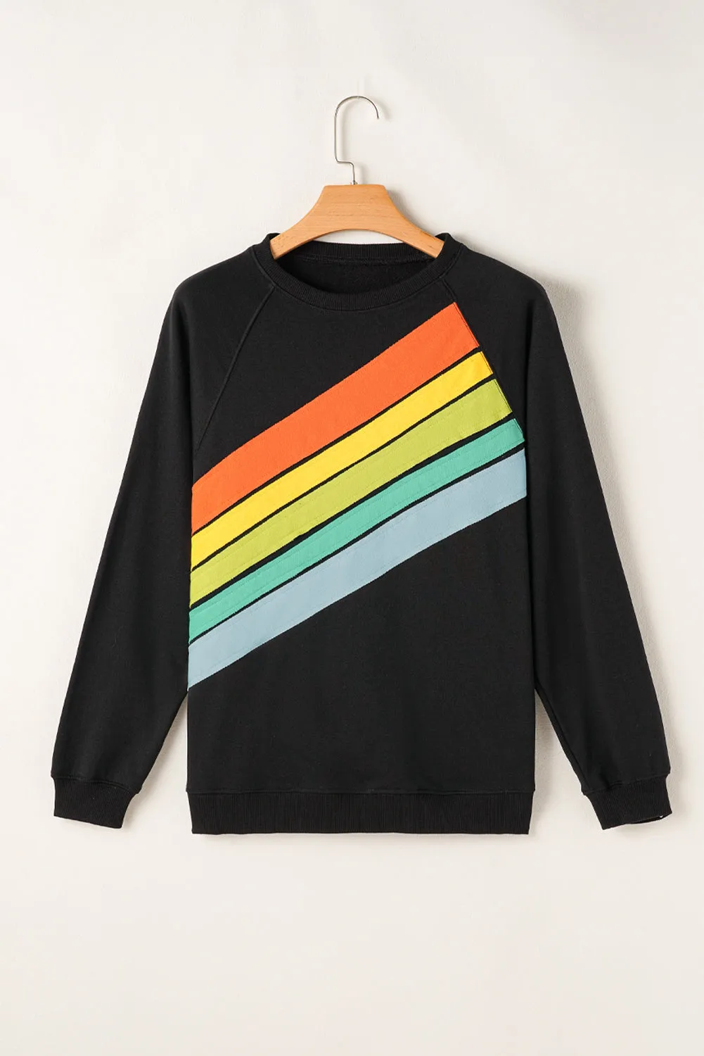 Black Rainbow Colorblock Striped Pullover Sweatshirt