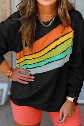 Black Rainbow Raglan Sleeve Crew Neck Plus Size Sweatshirt