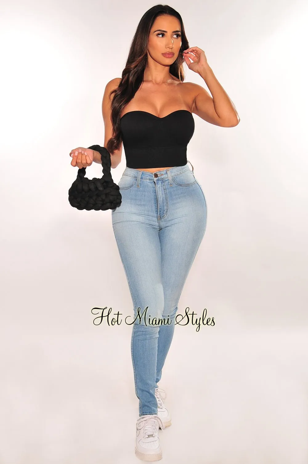 Black Seamless Padded Ribbed Bandeau Crop Top