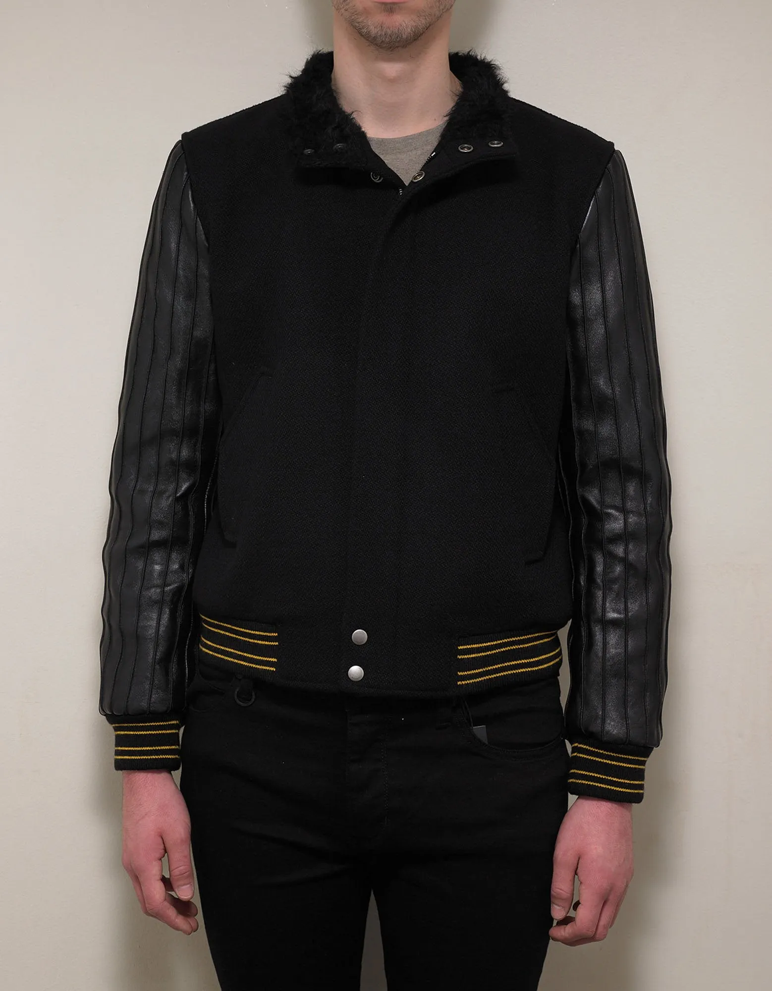 Black Teddy Jacket with Leather Sleeves