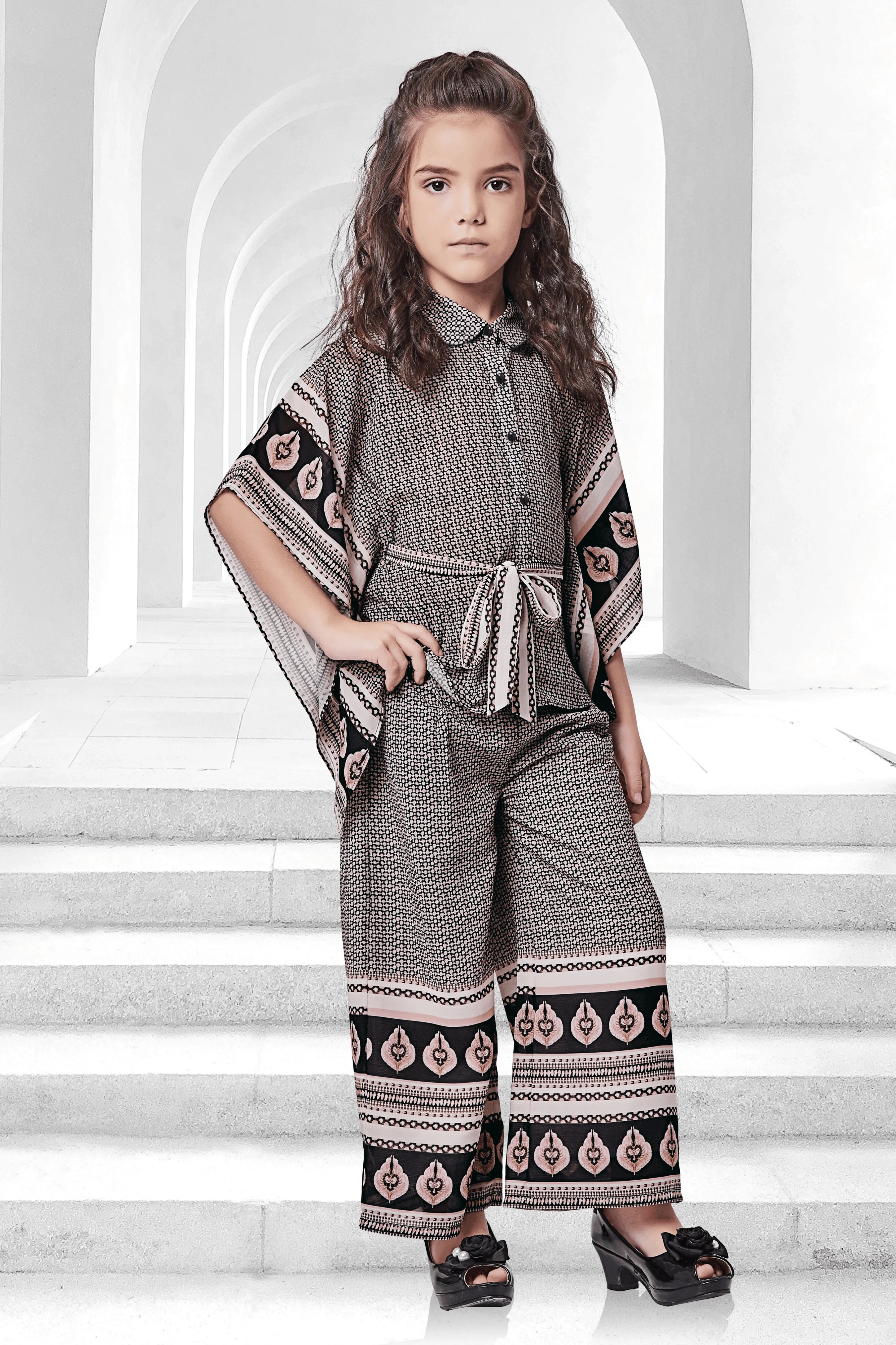 Black with Cream Printed Kaftan Styled Top and Palazzo Set for Girls