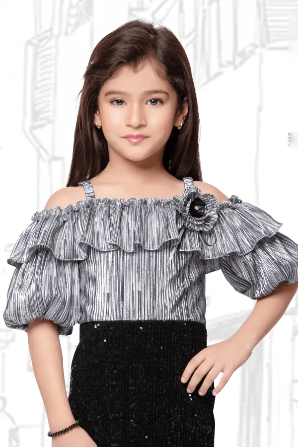 Black with Silver Printed and Sequins work Knee Length Frock for Girls