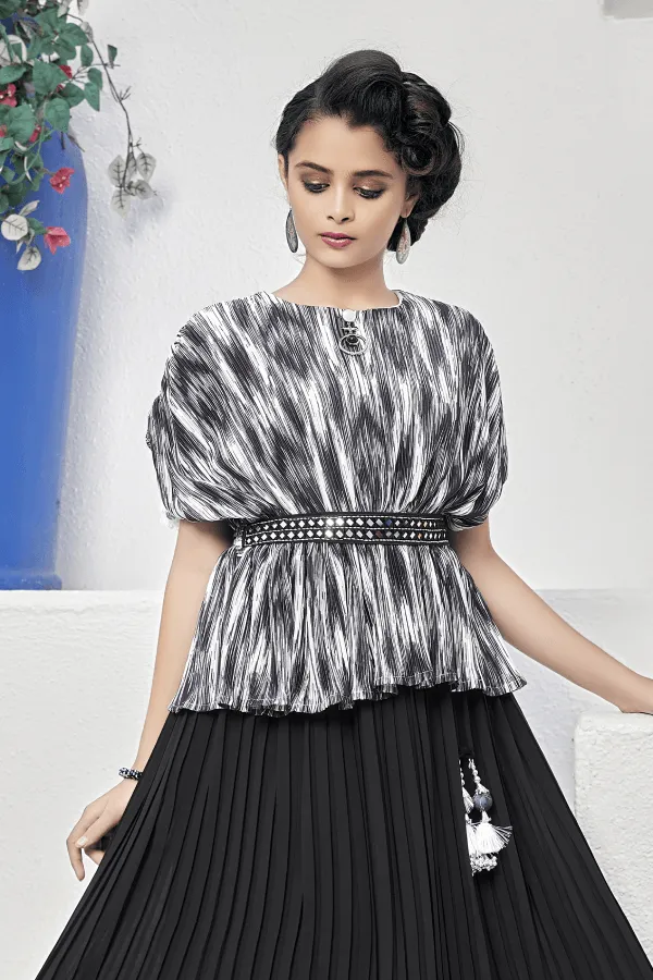 Black with White Kaftan Styled Lehenga Choli for Girls