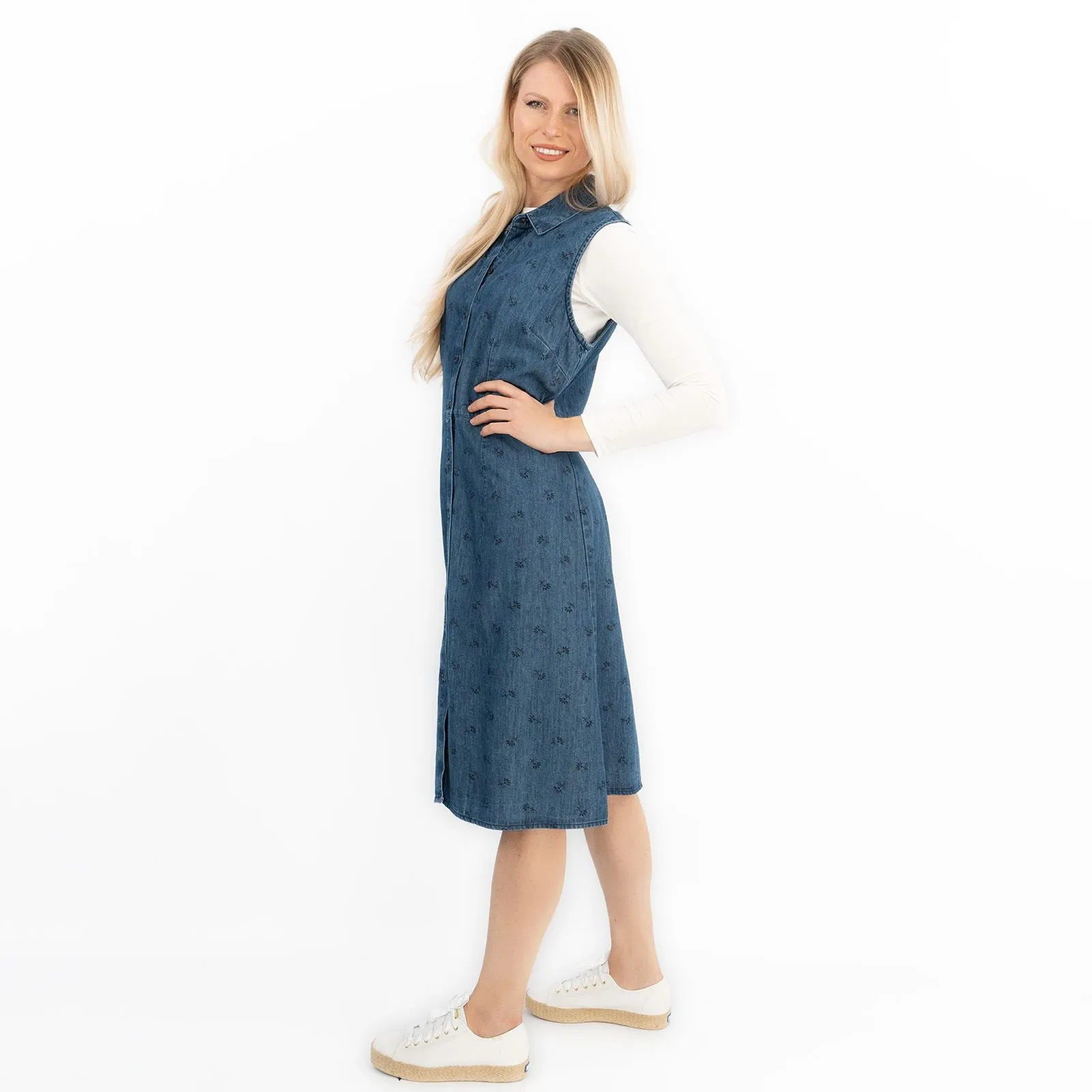 Blue Denim Shirt Dress Sleeveless Collar Button Through Women's Midi Dress