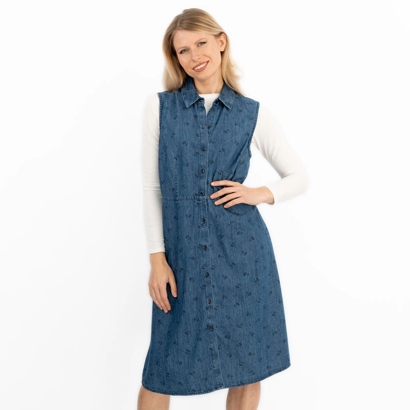 Blue Denim Shirt Dress Sleeveless Collar Button Through Women's Midi Dress