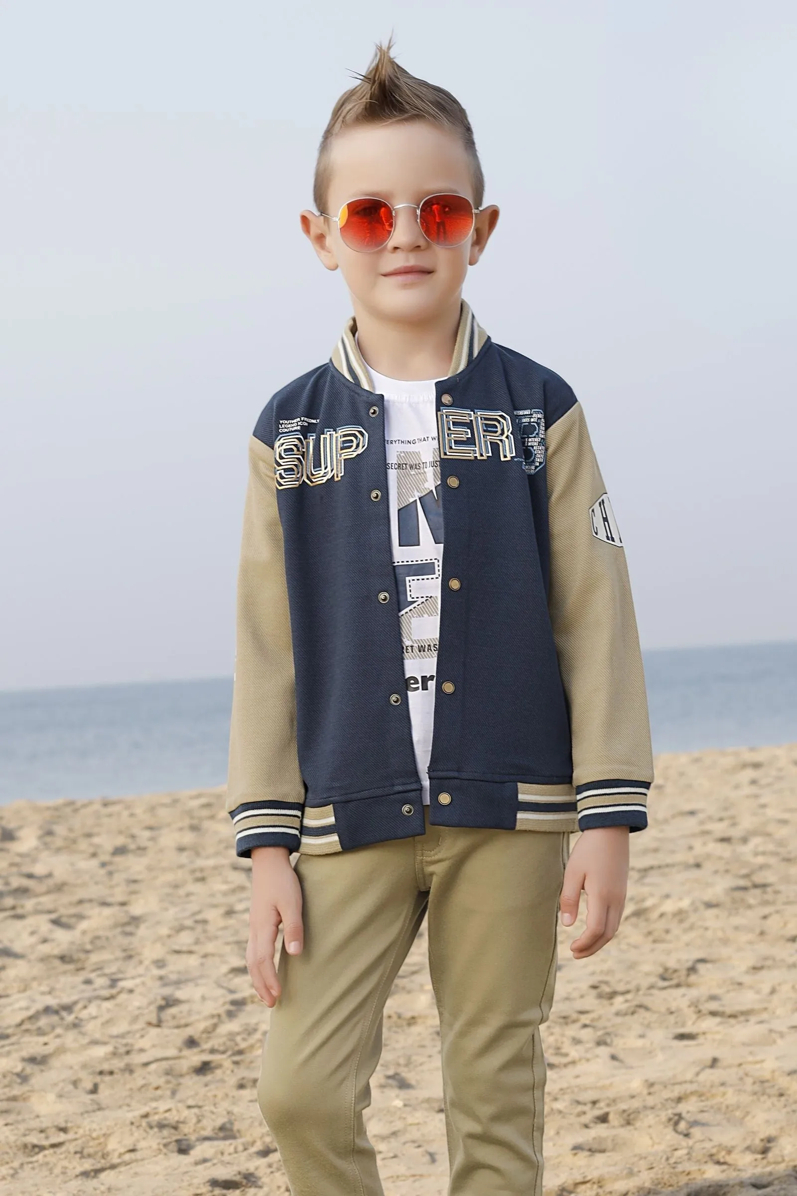 Blue, White and Beige Printed Waist Coat Set for Boys