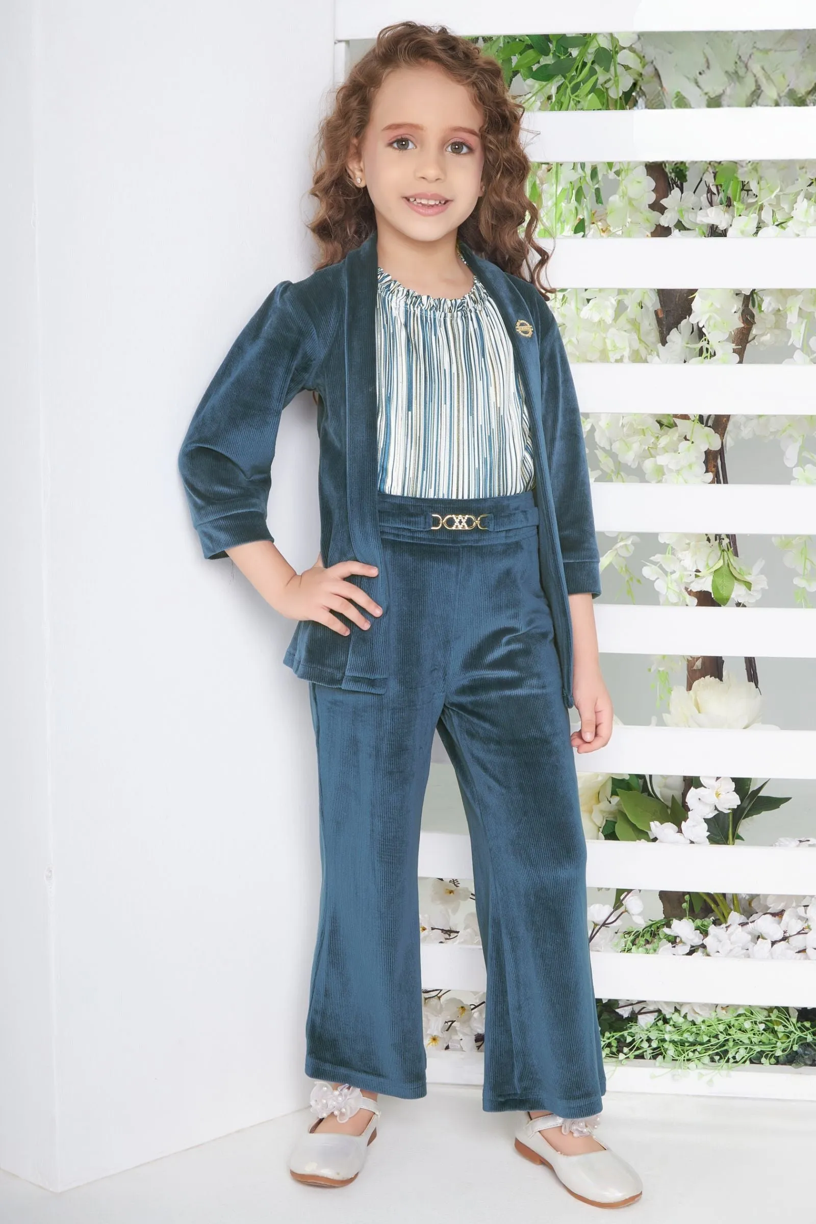 Blue with Half White Overcoat Styled Top and Pant Set for Girls