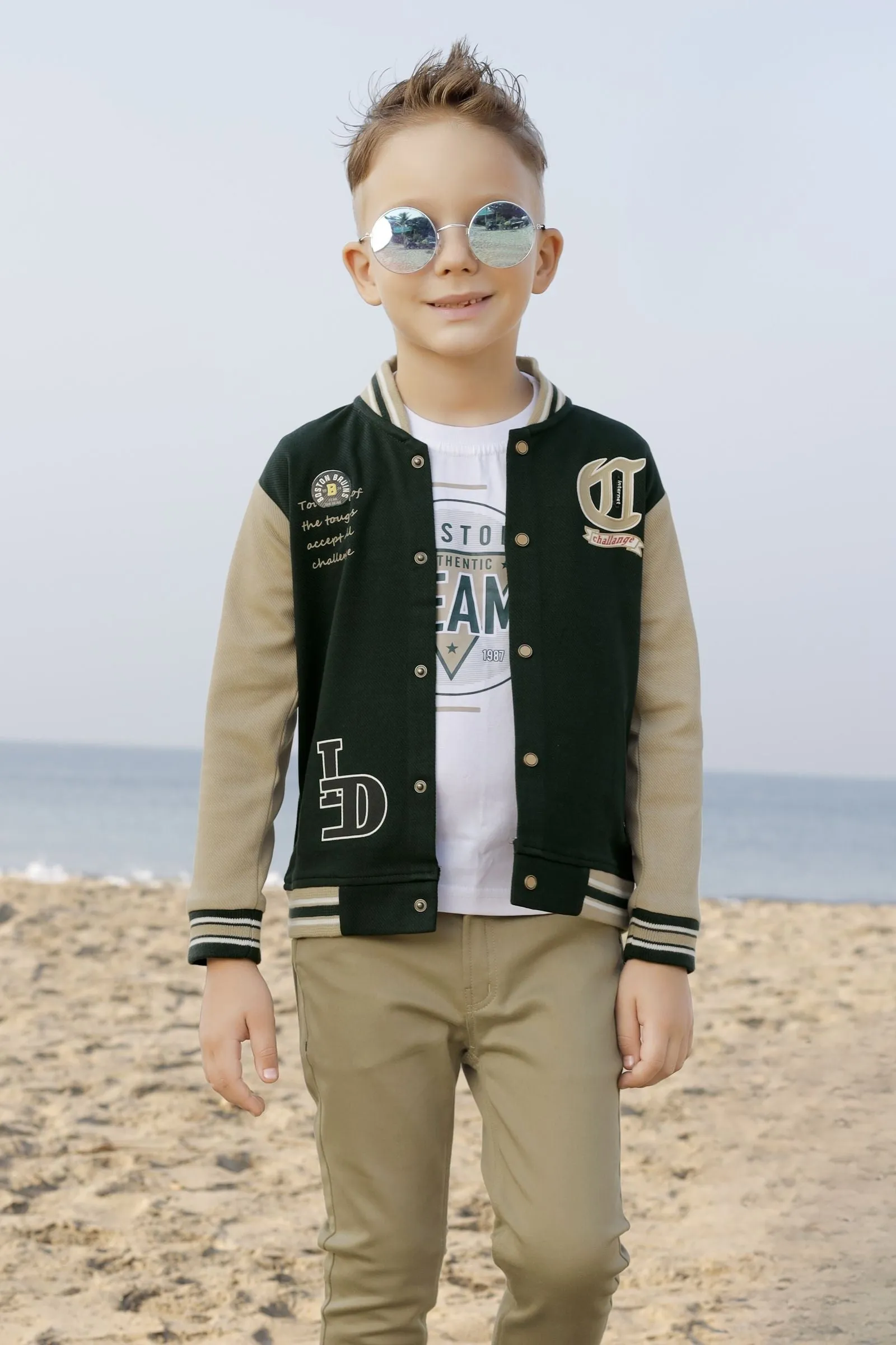 Bottle Green, White and Beige Printed Waist Coat Set for Boys