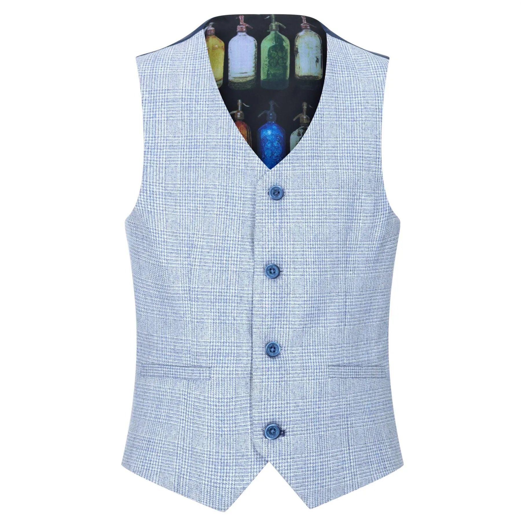 Boys 3 Piece Check Suit Tweed Light Blue Tailored Fit Wedding Peaky Classic