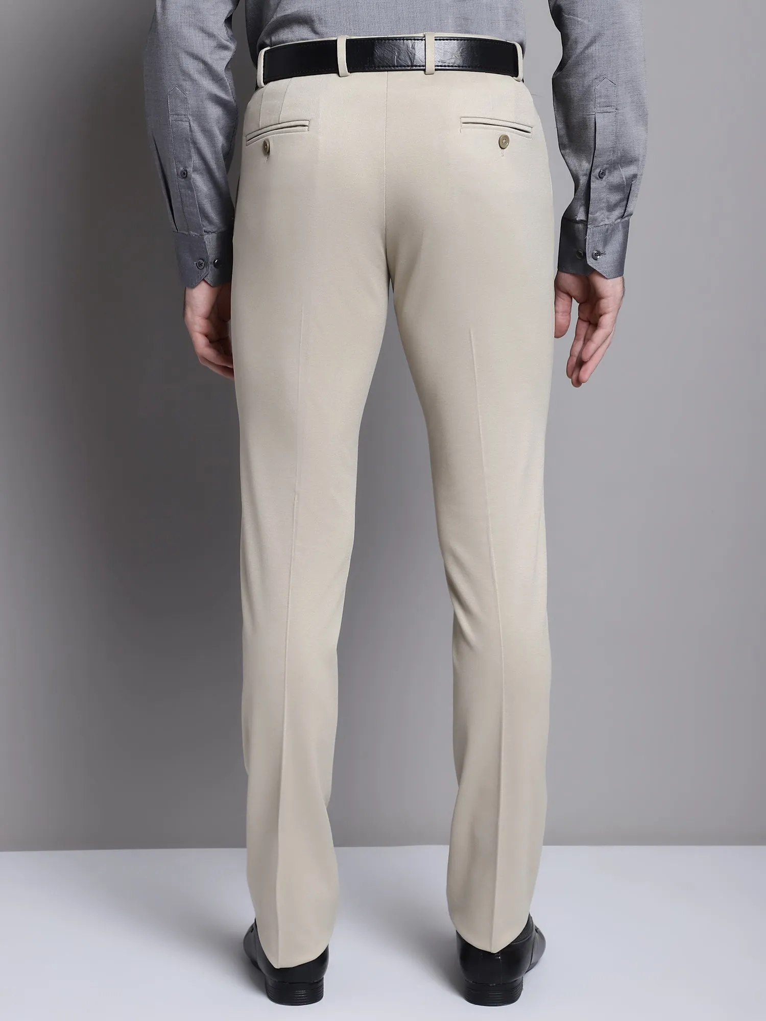 Cantabil Beige Solid Non Pleated Regular Fit Mid Rise Formal Trousers for Men