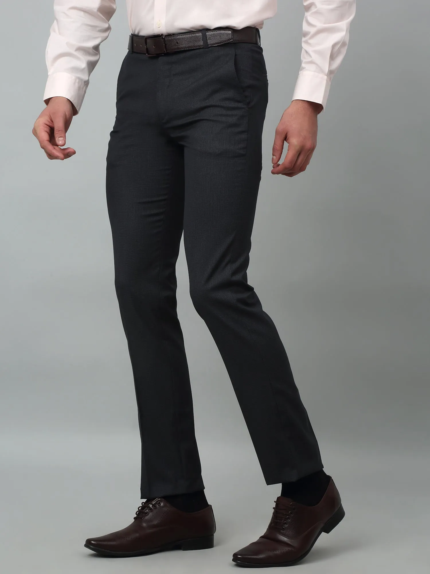 Cantabil Chekered Non Pleated Regular Fit Mid Rise Dark Grey Formal Trousers for Men