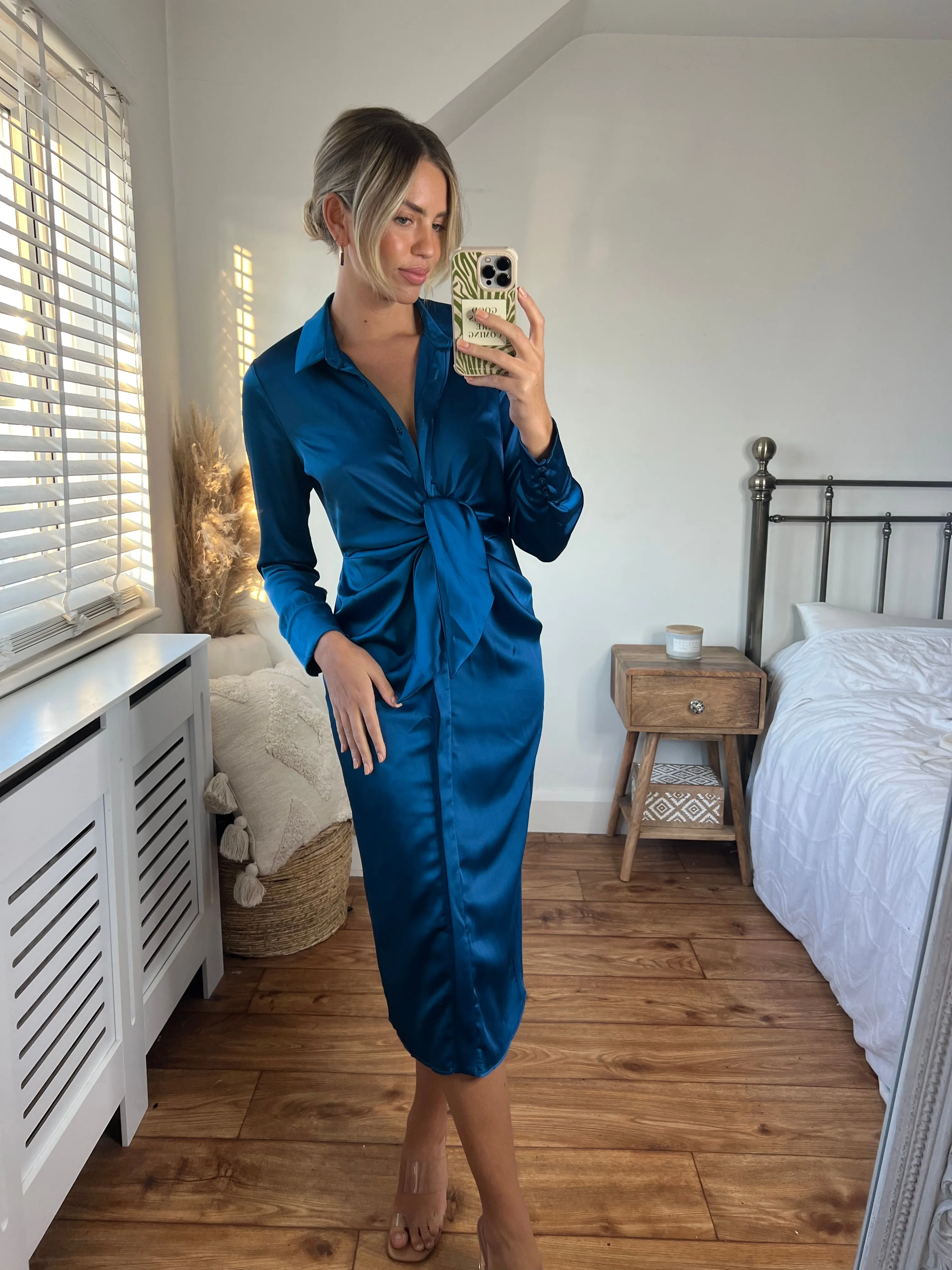 Cassie Tie Front Midi Dress / Peacock Blue