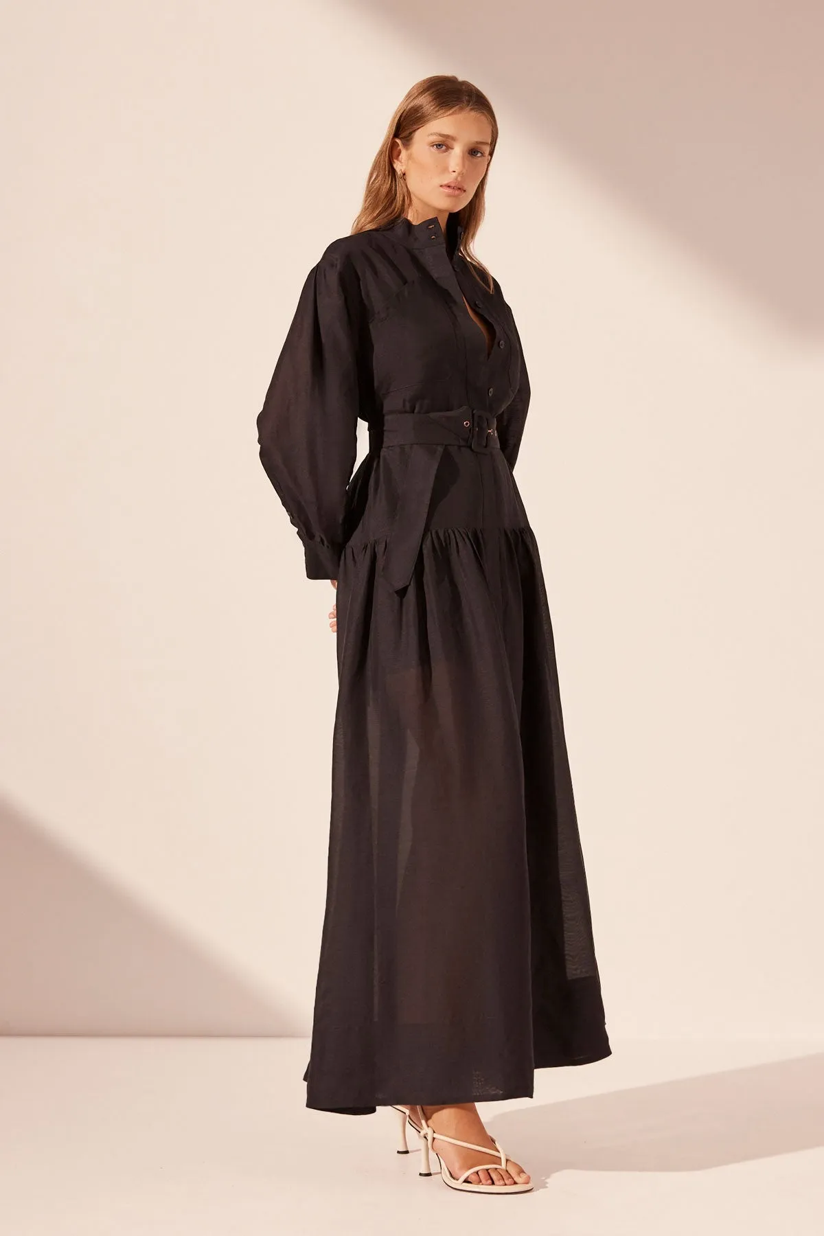 CELESTE LONG SLEEVE TIERED SHIRT MAXI DRESS - BLACK