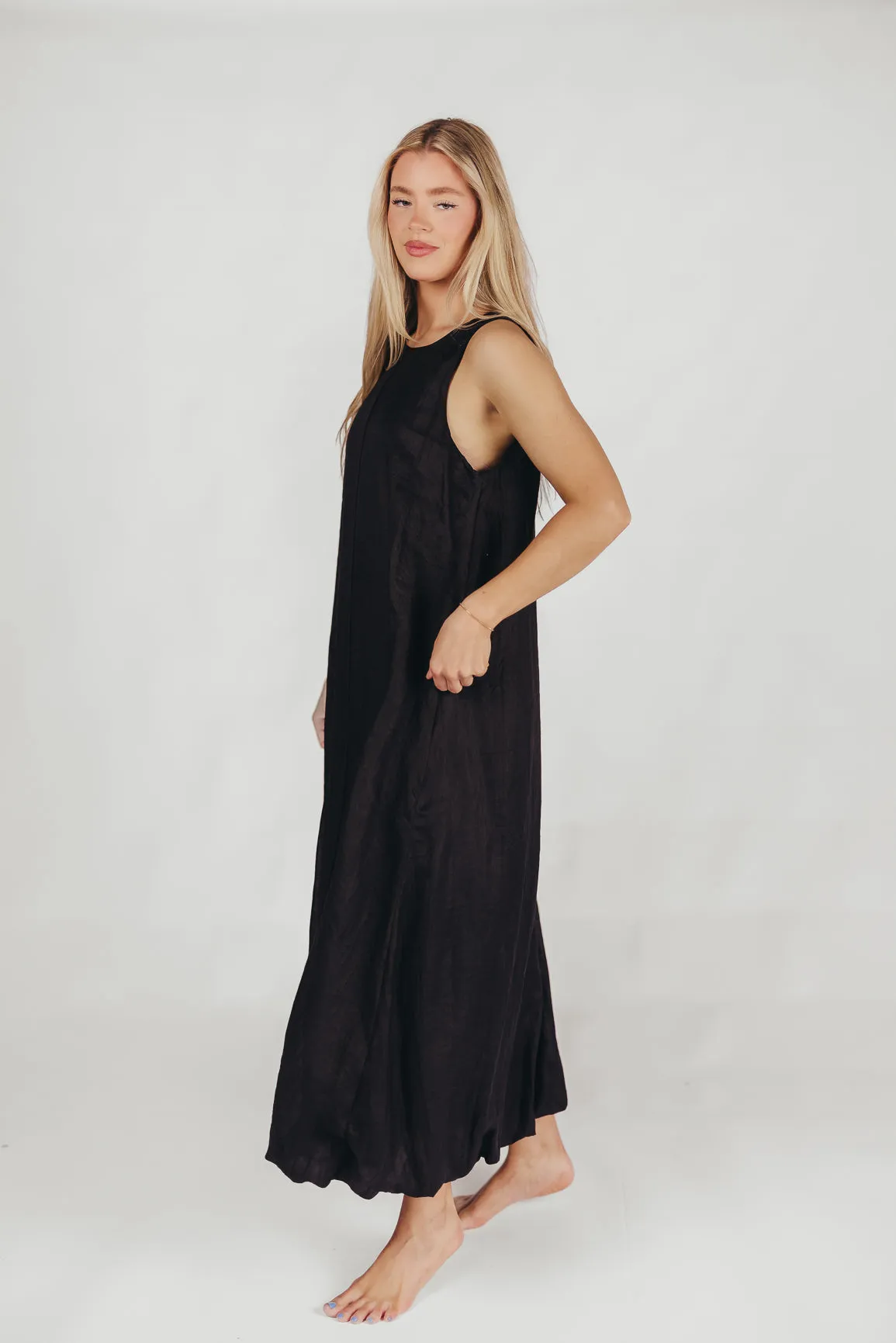 Charlie Linen-Blend Tank Maxi Dress with Pockets in Black