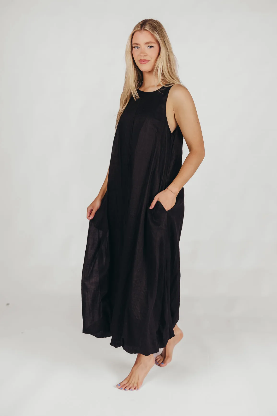 Charlie Linen-Blend Tank Maxi Dress with Pockets in Black