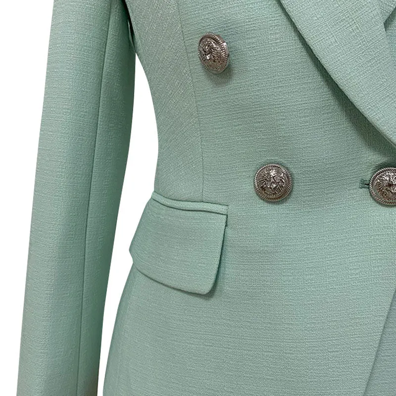 Chic Silver Button Detail Double Breasted Lapel Collar Tailored Linen Blazer