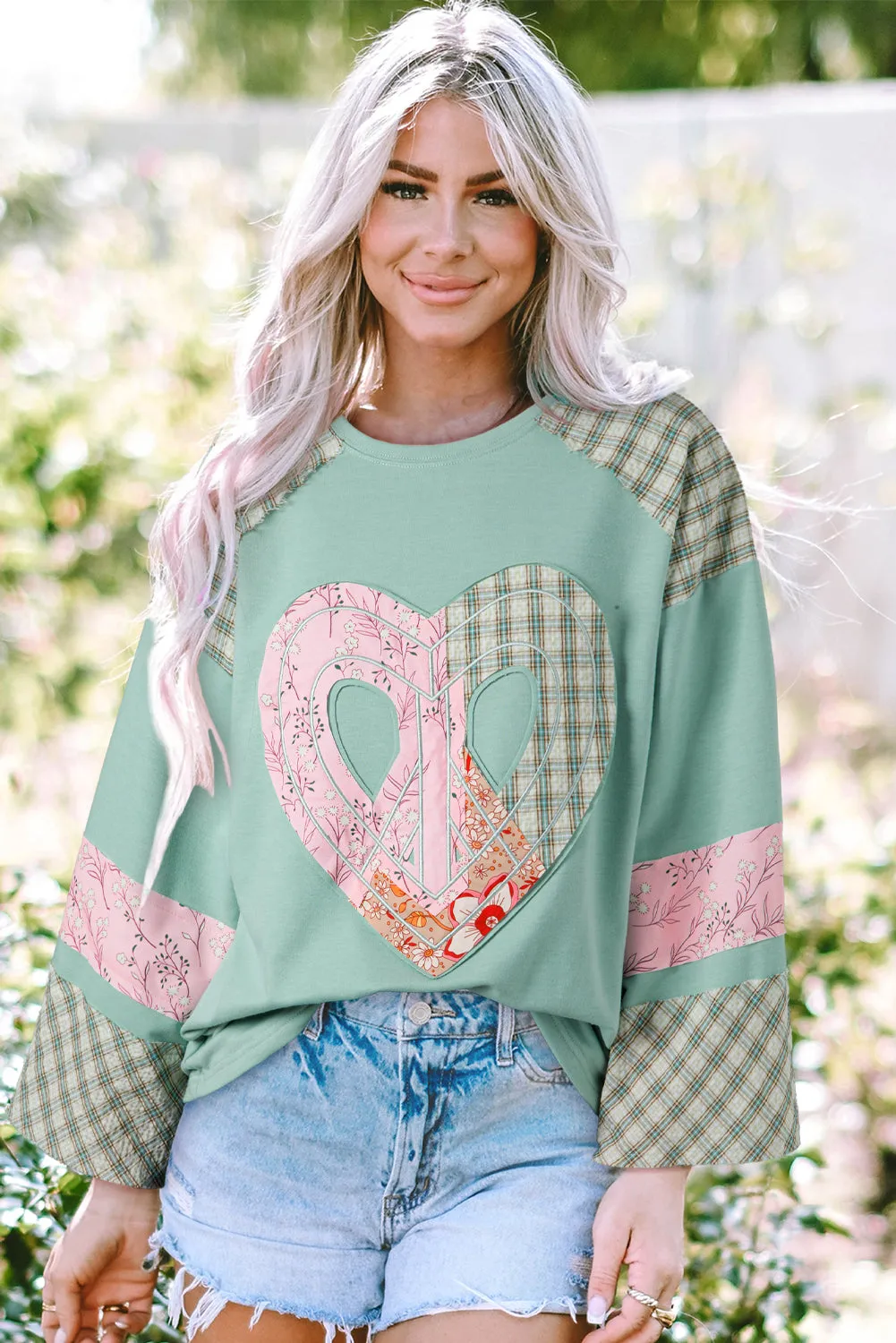 Clearly Aqua Plaid Floral Peace Heart Graphic Wide Long Sleeve Top