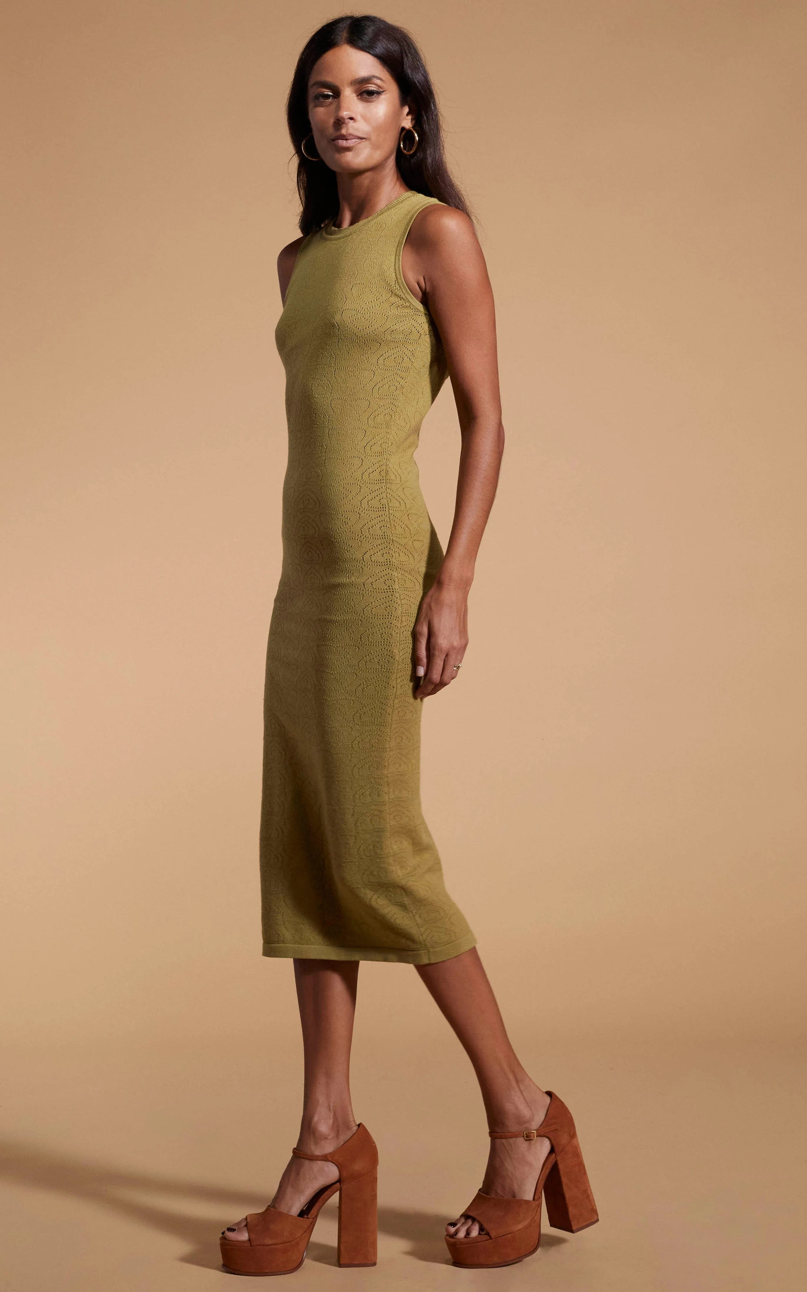 Cleo Pointelle Midi Dress in Khaki