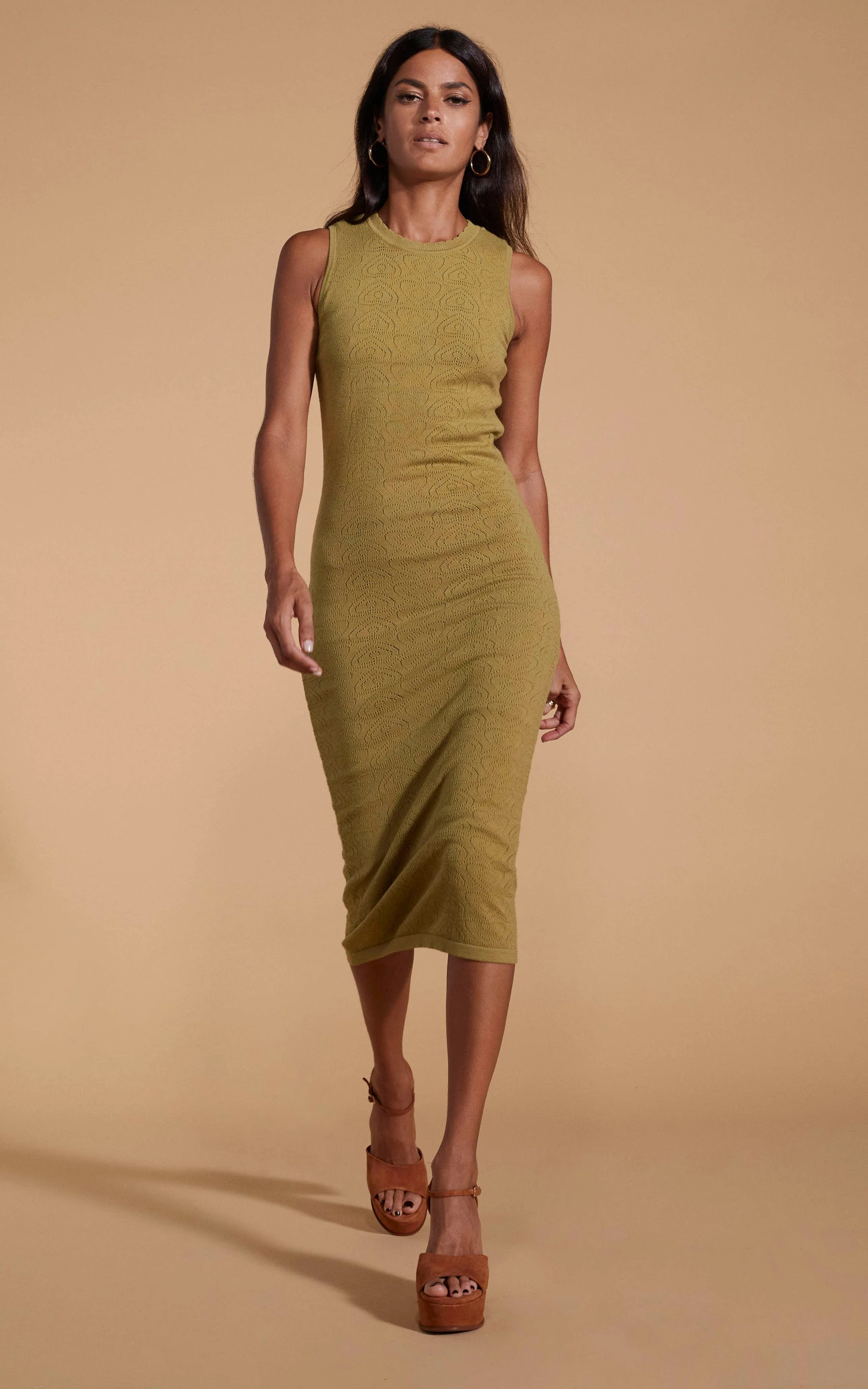 Cleo Pointelle Midi Dress in Khaki