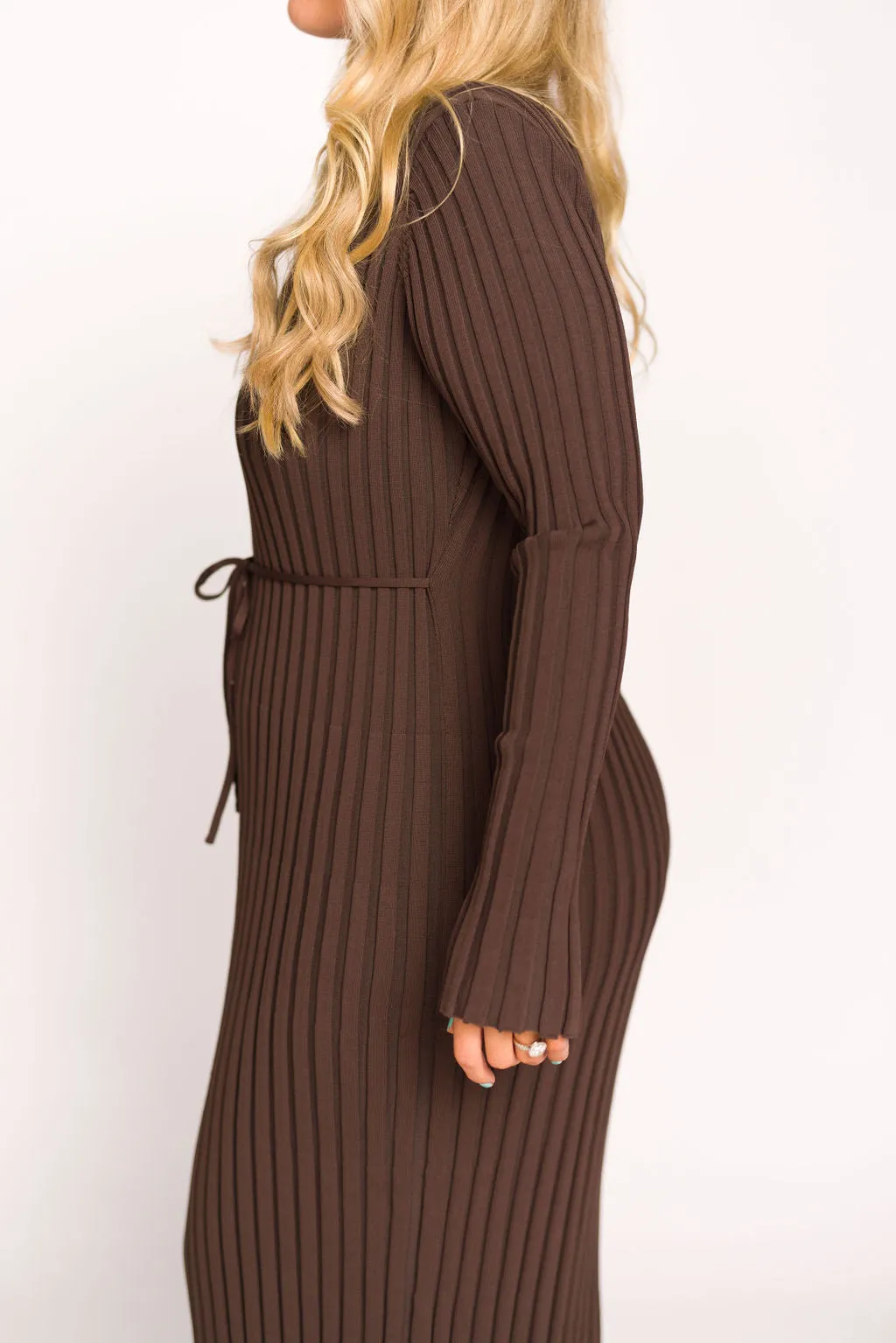 Colette Premium Long Sleeved Ribbed Knit Maxi Dress in Brown - Bump Friendly