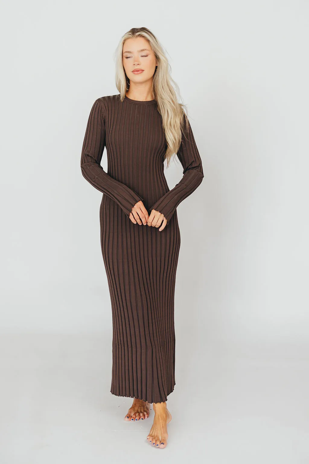 Colette Premium Long Sleeved Ribbed Knit Maxi Dress in Brown - Bump Friendly