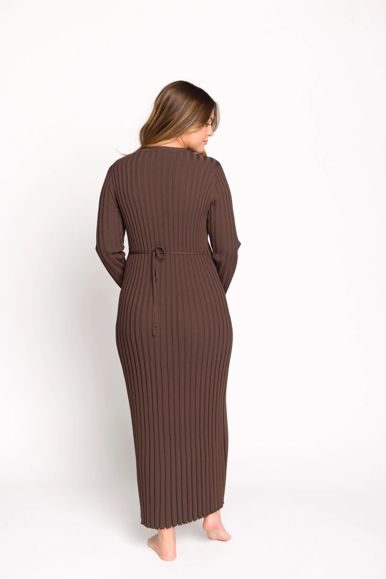 Colette Premium Long Sleeved Ribbed Knit Maxi Dress in Brown - Bump Friendly