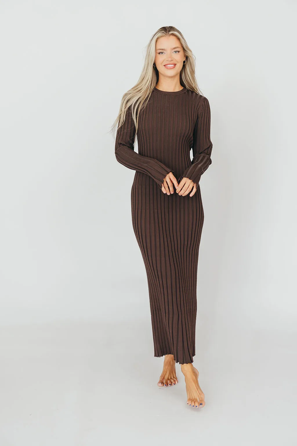 Colette Premium Long Sleeved Ribbed Knit Maxi Dress in Brown - Bump Friendly